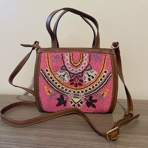 Beaded Floral Pink and Brown Women's Bag with Crossbody Strap Made in India